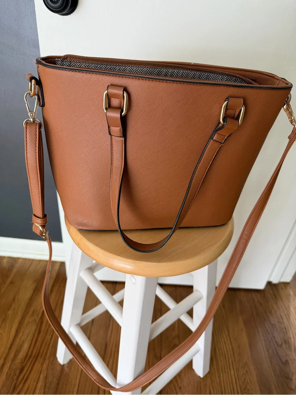 Amazon Women’s Crossbody Tote in Cognac Brown with Gold Hardware
